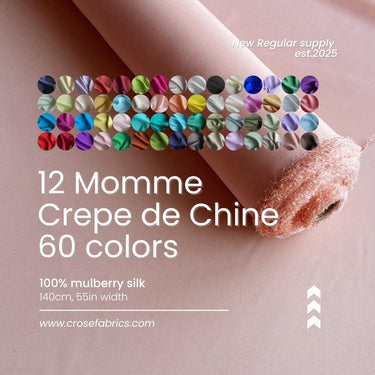 Silk Crepe de Chine, 12 momme 60 solid colors, regular supply silk fabric, 140cm wide by the yard