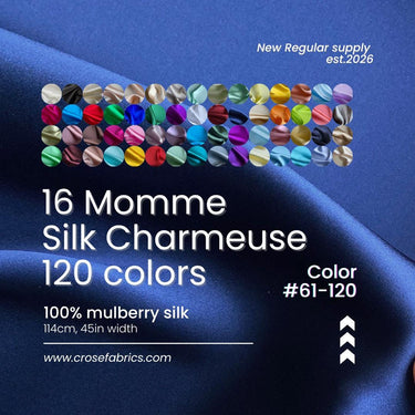 100% Silk Charmeuse, 16 Momme solid 120 colors 61-120, 114cm wide by the yard