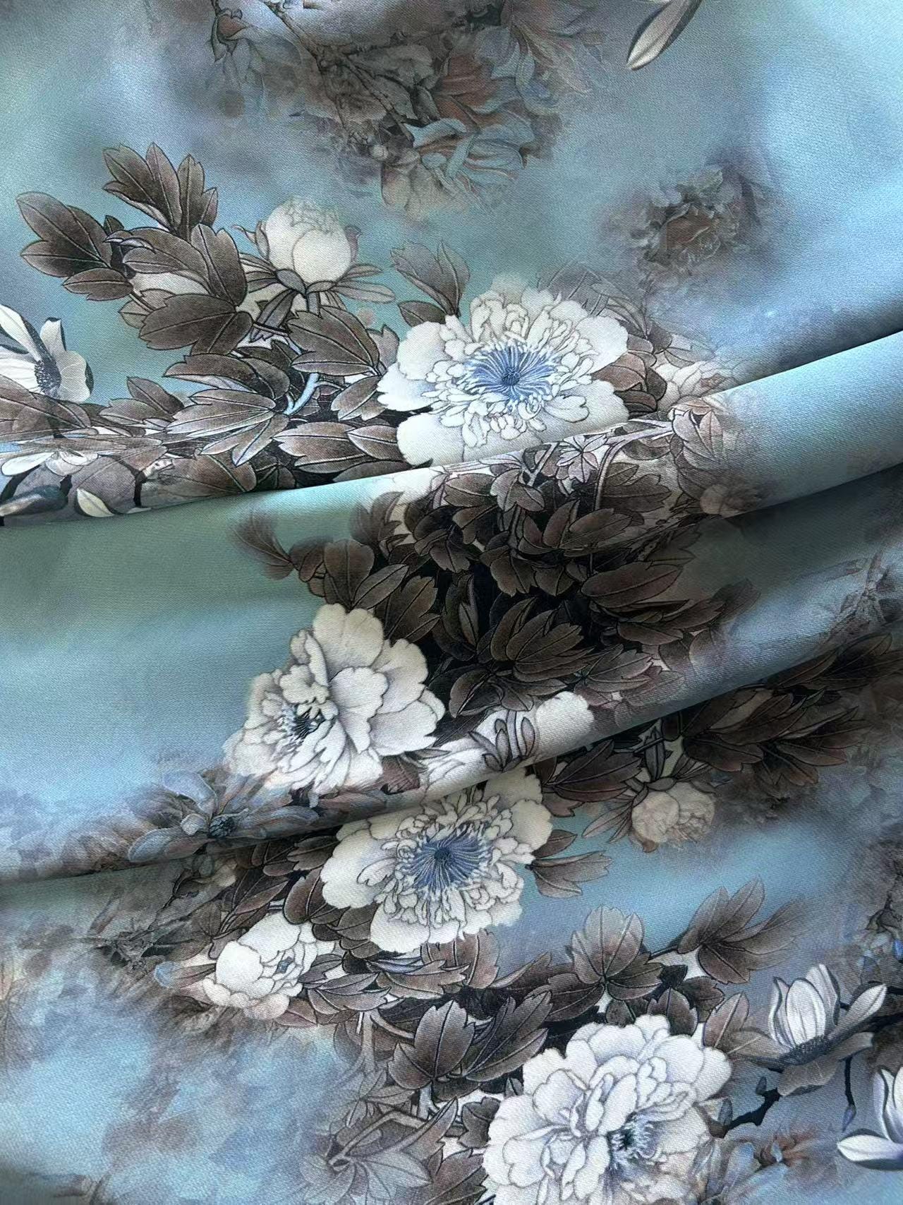 LHMUDSS - 38 Momme Both-sides-printing Peony Heave Georgette Silk Fabric - 138cm by the yard