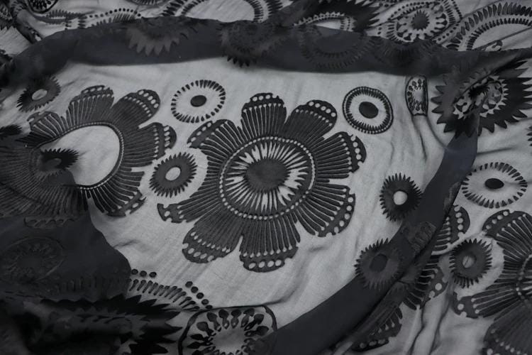 a close-up view of a black and white fabric with a floral pattern.