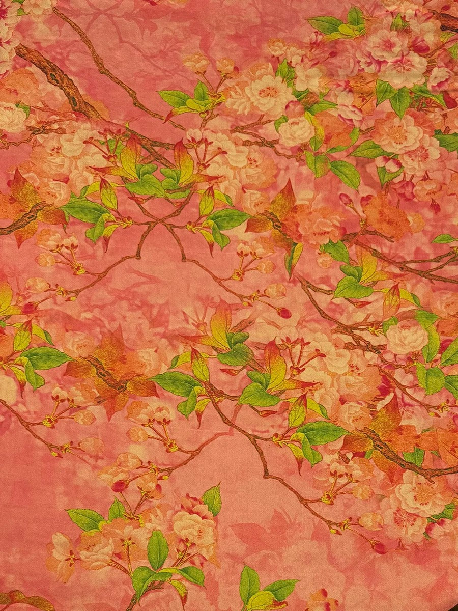 The image is a vibrant and colorful floral print featuring a variety of flowers and leaves in shades of pink, green, and yellow. The print appears to be a collage of multiple images, creating a visually striking and dynamic composition.