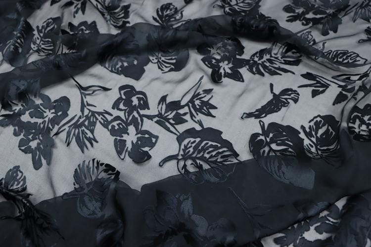 SHUYE - Black Leaves Print Sheer Burnout Silk Devore Satin Fabric - 140cm wide by the Yard