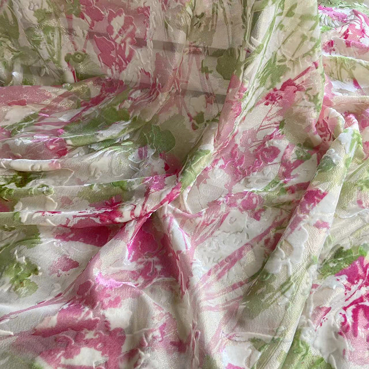 FENJIN - Pink and Green Color-Block Paisley Printing Silk Velvet Fabric - 140cm wide by the Yard