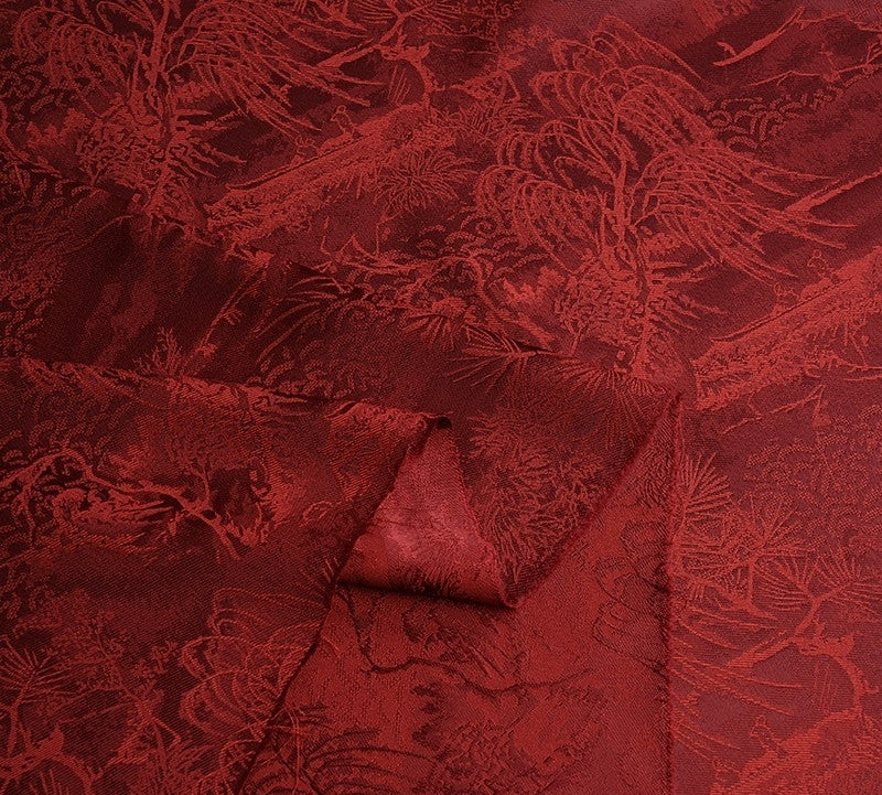 BUSREDS - Imperial Vermilion Landscape and Small Tree Jacquard Satin Polyester Fabric - 152cm by the yard