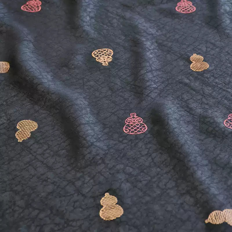 YPBHUL - Handmade 30 Momme Black Crackle-Textured Fabric with Auspicious Gourd EmbroideryMud Silk Satin Fabric - 108cm By the Yard