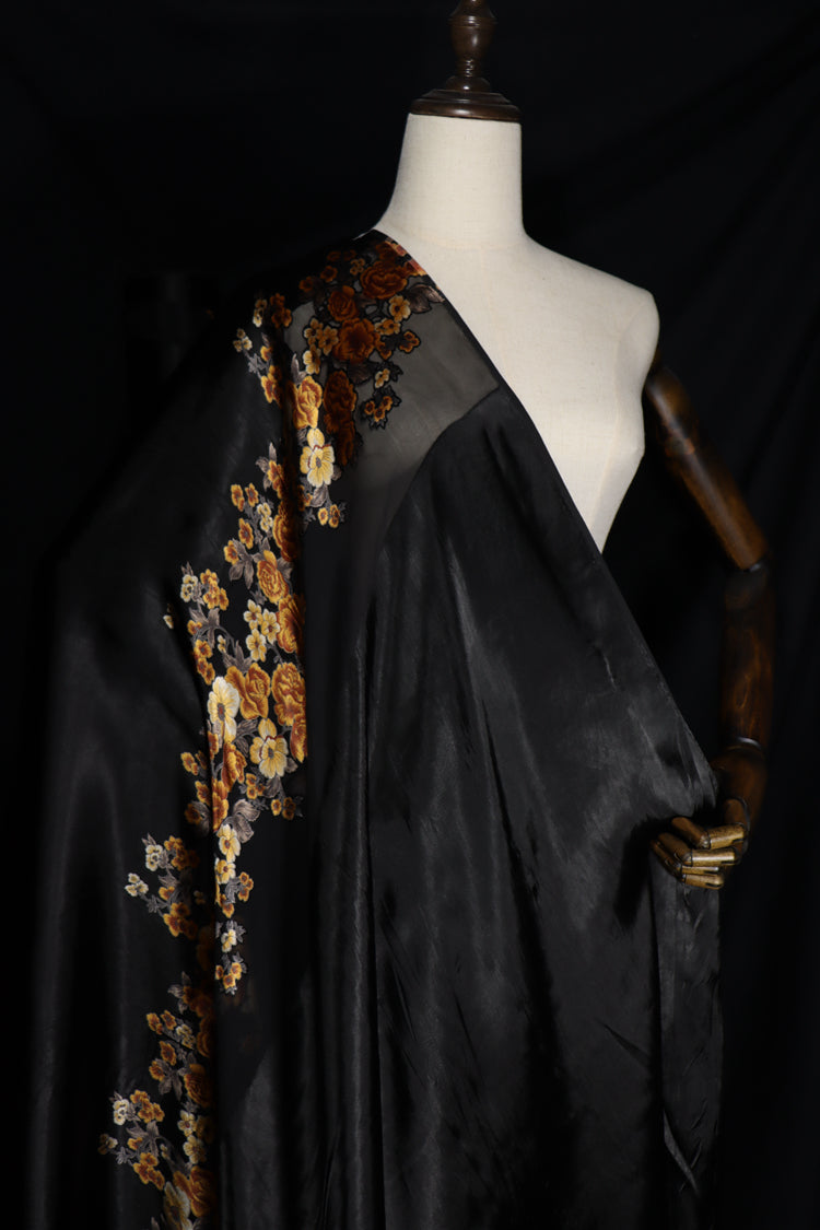 JFHDWJ - 21 Momme Golden Flower Pattern Sheer Burnout Silk Devore Satin Fabric - 114cm wide by the Yard