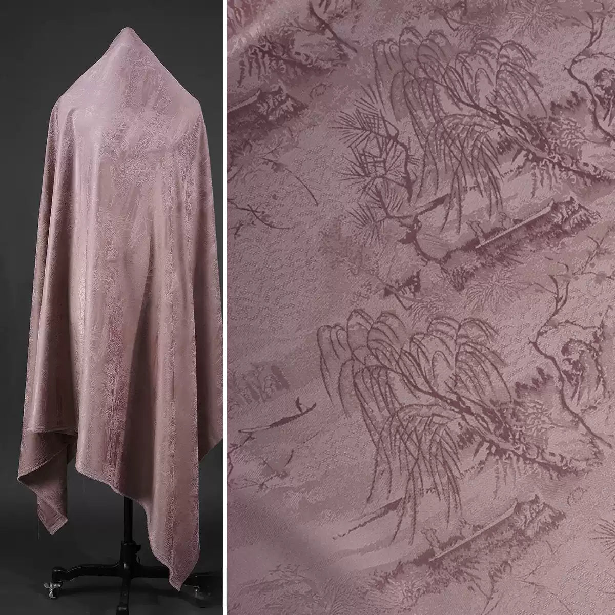 BUSZANF - Dirty Pink and Small Tree Jacquard Satin Polyester Fabric - 152cm by the yard