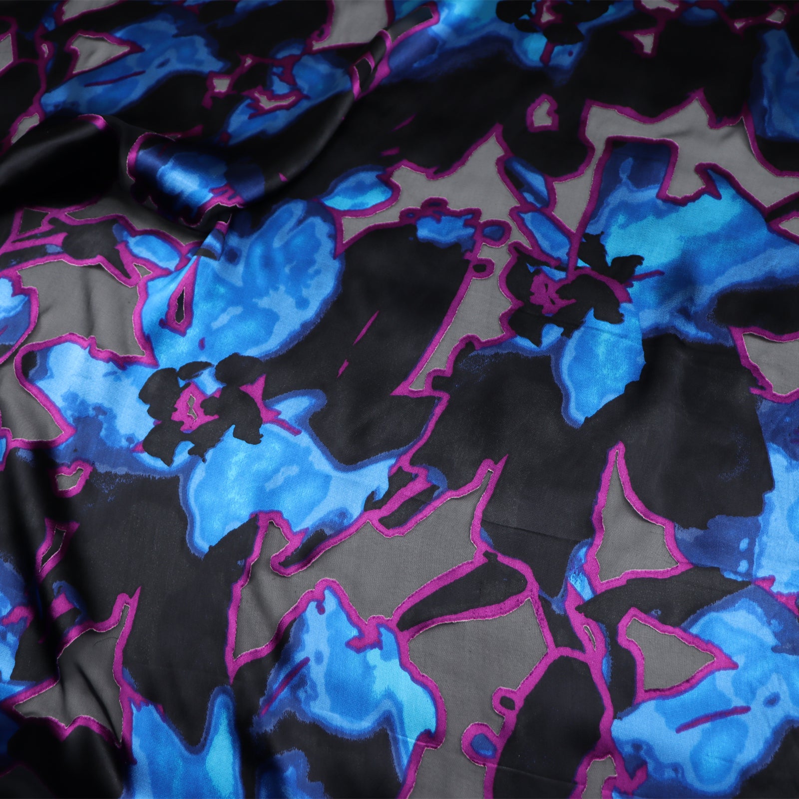 JFHSSH - 21 Momme Black and Blue Bicolor Flower Pattern Sheer Burnout Silk Devore Satin Fabric - 140cm wide by the Yard