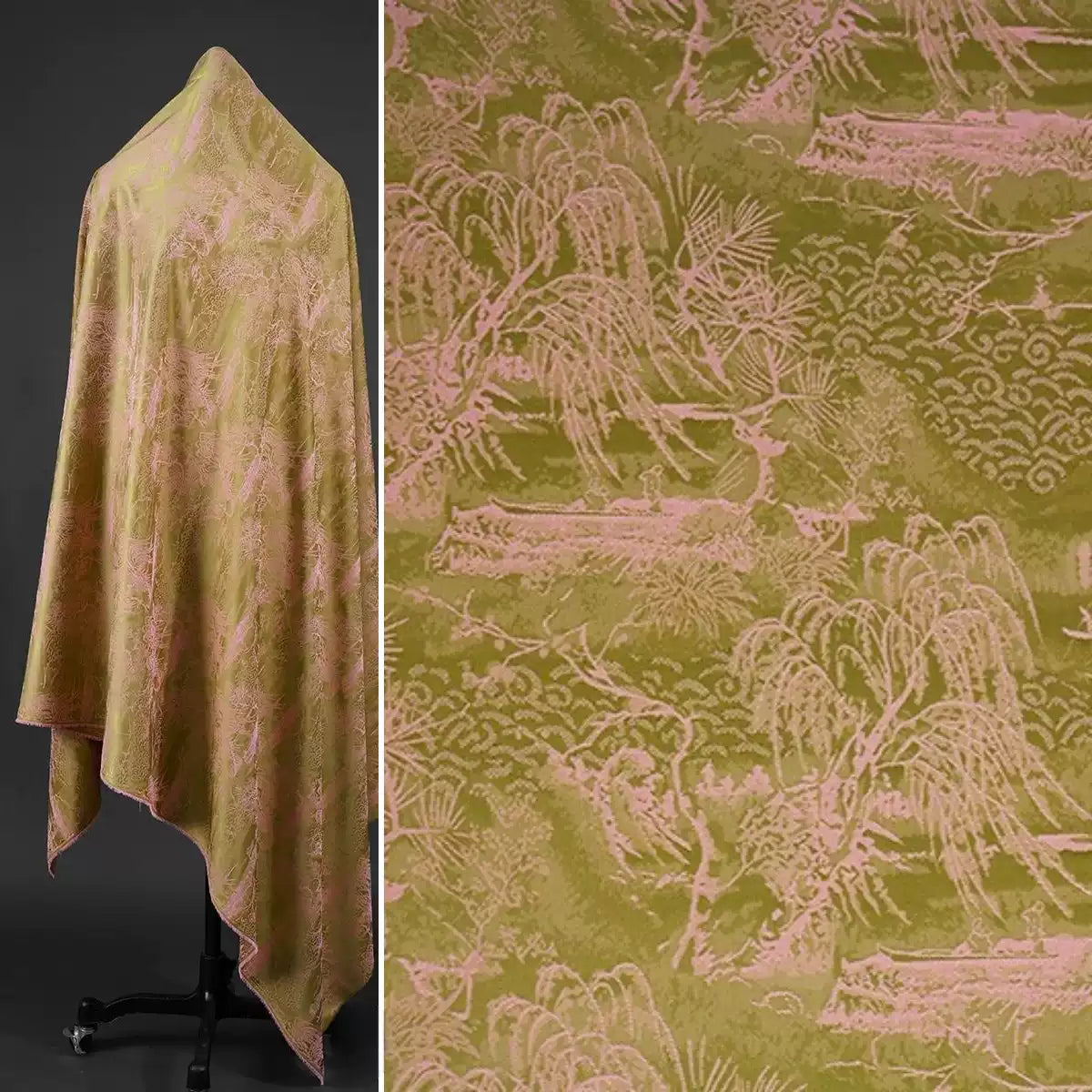 BUSGUOL - Kiwi Green and Small Tree Jacquard Satin Polyester Fabric - 152cm by the yard