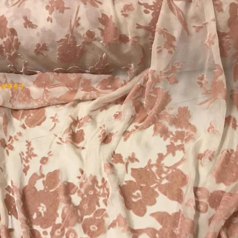 HFENZP - Pink Floral Pattern Semi-sheer with a Draping Effect Sheer Burnout Silk Velvet Satin Fabric - 114cm wide by the Yard