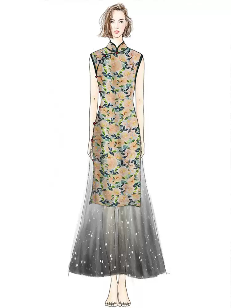 RYYUCHAA- Hight 60 Count Rayon Satin Faux Silk Chinese Style Floral Cheongsam Dress Fabric - 145cm wide by the Yard