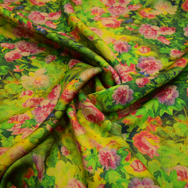 XLLLXH - Handmade 23 Momme Green Flowers Printed Mud Silk Satin Fabric - 110cm By the Yard