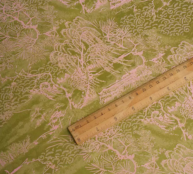 BUSGUOL - Kiwi Green and Small Tree Jacquard Satin Polyester Fabric - 152cm by the yard