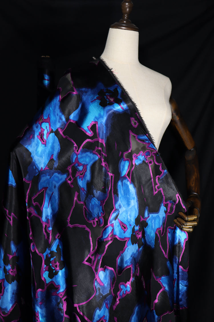 JFHSSH - 21 Momme Black and Blue Bicolor Flower Pattern Sheer Burnout Silk Devore Satin Fabric - 140cm wide by the Yard
