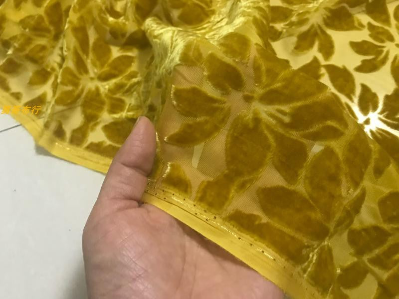 YELSPE - Yellow Small Petals Semi-sheer with a Draping Effect Sheer Burnout Silk Velvet Satin Fabric - 114cm wide by the Yard