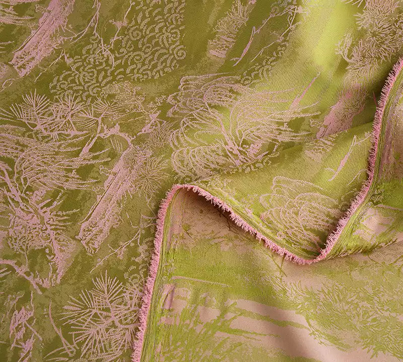 BUSGUOL - Kiwi Green and Small Tree Jacquard Satin Polyester Fabric - 152cm by the yard