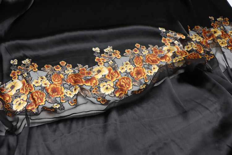 JFHDWJ - 21 Momme Golden Flower Pattern Sheer Burnout Silk Devore Satin Fabric - 114cm wide by the Yard