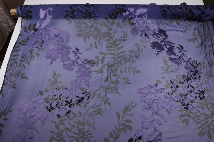 JFHLZT - 9 Momme Navy Blue Branches Sheer Burnout Silk Devore Satin Fabric - 140cm wide by the Yard