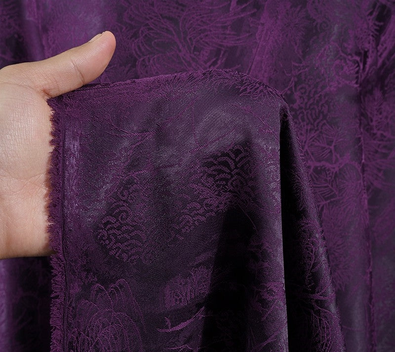 BUSZISH - Dark Purple Landscape and Small Tree Jacquard Satin Polyester Fabric - 152cm by the yard