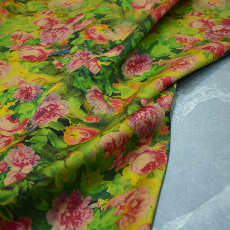 XLLLXH - Handmade 23 Momme Green Flowers Printed Mud Silk Satin Fabric - 110cm By the Yard
