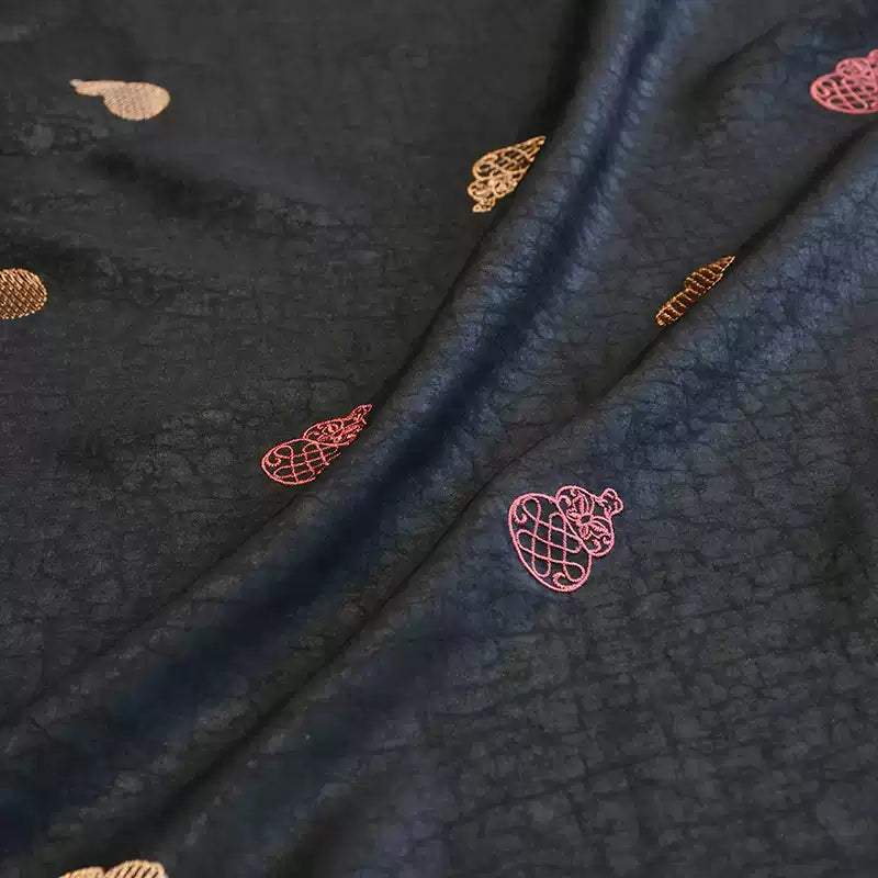 YPBHUL - Handmade 30 Momme Black Crackle-Textured Fabric with Auspicious Gourd EmbroideryMud Silk Satin Fabric - 108cm By the Yard