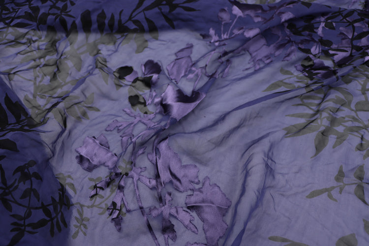 JFHLZT - 9 Momme Navy Blue Branches Sheer Burnout Silk Devore Satin Fabric - 140cm wide by the Yard