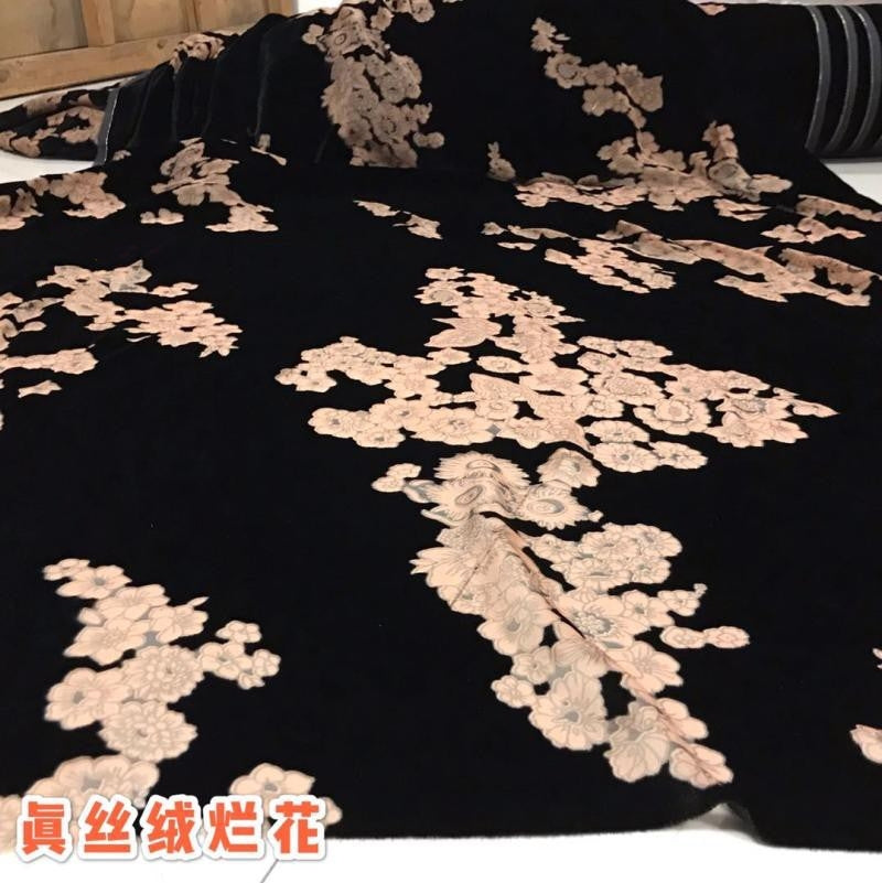 YELMEI - Flower Pattern on Black Background Semi-sheer with a Draping Effect Burnout Silk Velvet Satin Fabric - 114cm wide by the Yard