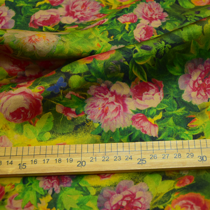 XLLLXH - Handmade 23 Momme Green Flowers Printed Mud Silk Satin Fabric - 110cm By the Yard