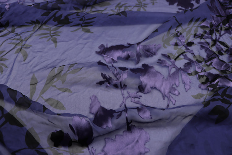 JFHLZT - 9 Momme Navy Blue Branches Sheer Burnout Silk Devore Satin Fabric - 140cm wide by the Yard