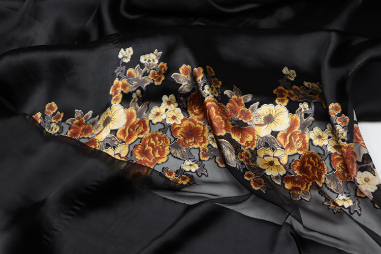 JFHDWJ - 21 Momme Golden Flower Pattern Sheer Burnout Silk Devore Satin Fabric - 114cm wide by the Yard