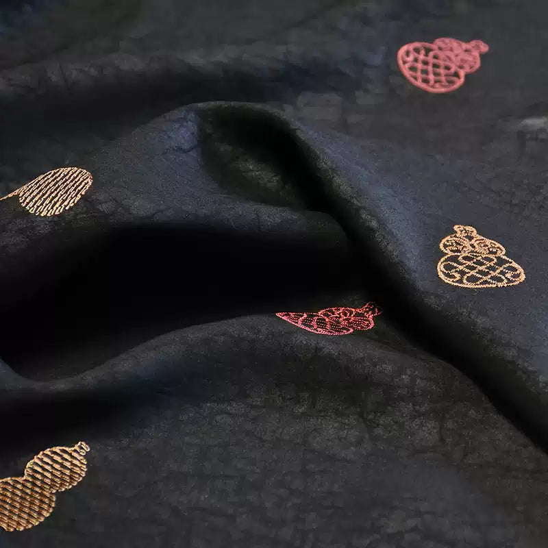 YPBHUL - Handmade 30 Momme Black Crackle-Textured Fabric with Auspicious Gourd EmbroideryMud Silk Satin Fabric - 108cm By the Yard