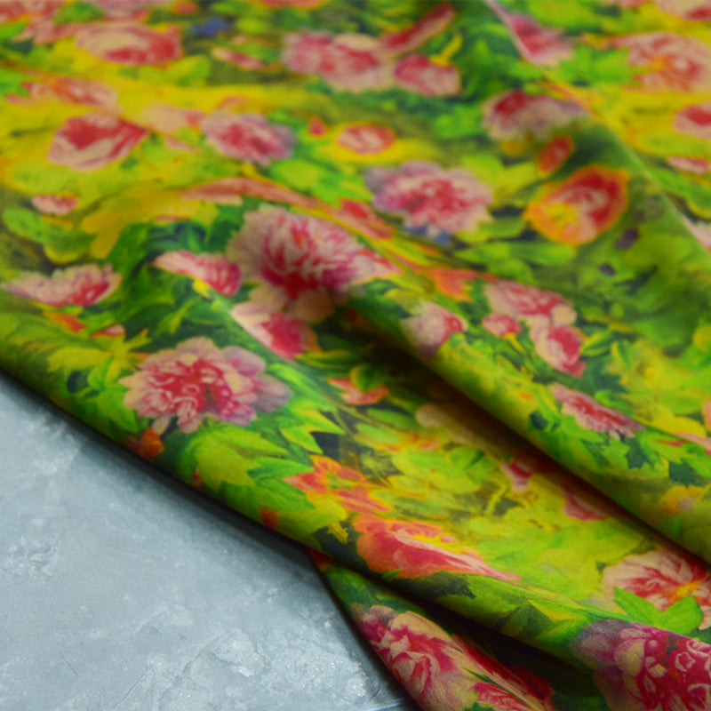 XLLLXH - Handmade 23 Momme Green Flowers Printed Mud Silk Satin Fabric - 110cm By the Yard