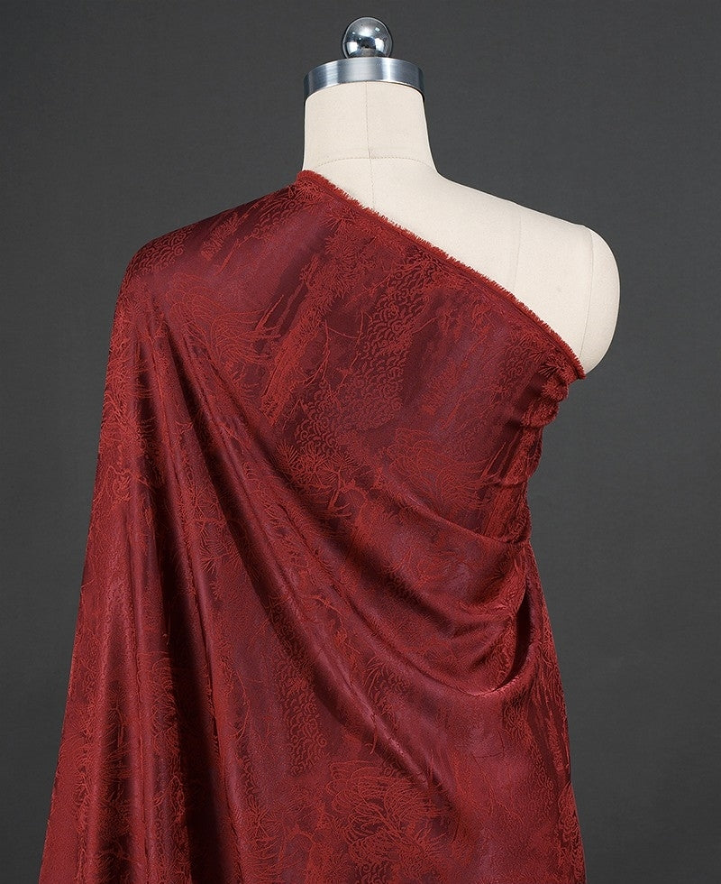 BUSREDS - Imperial Vermilion Landscape and Small Tree Jacquard Satin Polyester Fabric - 152cm by the yard