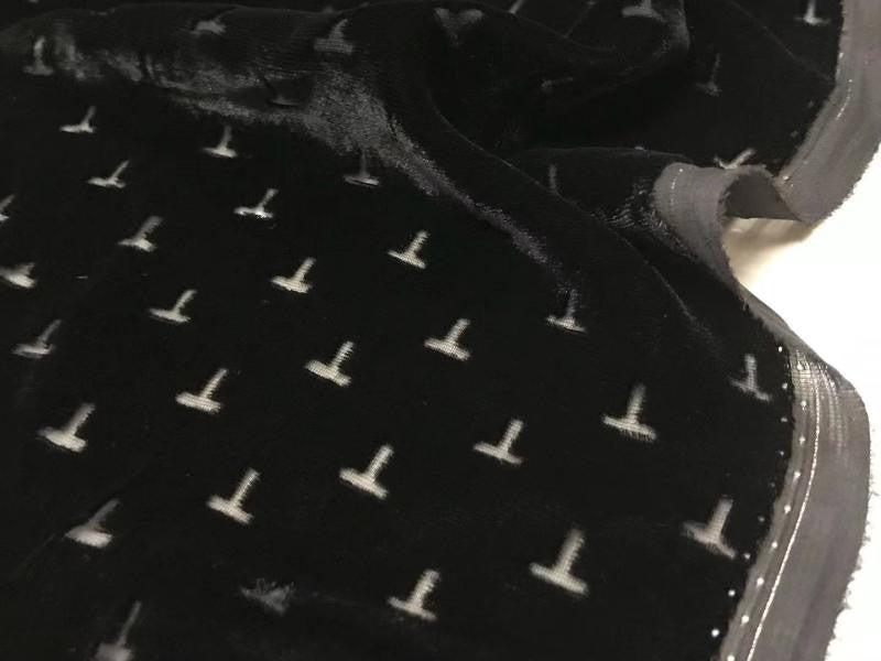 TZIWEN - Black Base with T-shaped Pattern and Semi-sheer with a Draping Effect Sheer Burnout Silk Velvet Satin Fabric - 140cm wide by the Yard