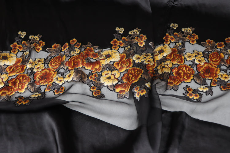 JFHDWJ - 21 Momme Golden Flower Pattern Sheer Burnout Silk Devore Satin Fabric - 114cm wide by the Yard