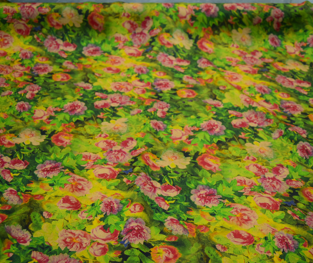 XLLLXH - Handmade 23 Momme Green Flowers Printed Mud Silk Satin Fabric - 110cm By the Yard