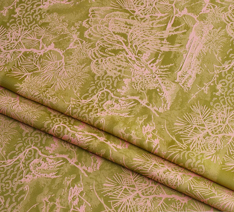 BUSGUOL - Kiwi Green and Small Tree Jacquard Satin Polyester Fabric - 152cm by the yard