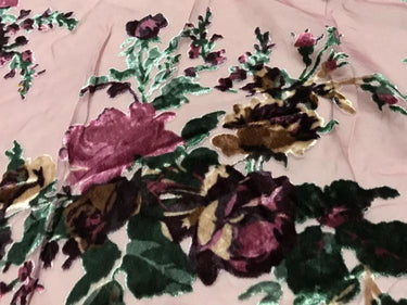 FENSME - Rose Flower Pattern on Pink Background Semi-sheer with a Draping Effect Burnout Silk Devore Satin Fabric - 114cm wide by the Yard