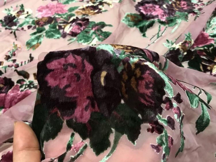 FENSME - Rose Flower Pattern on Pink Background Semi-sheer with a Draping Effect Burnout Silk Devore Satin Fabric - 114cm wide by the Yard