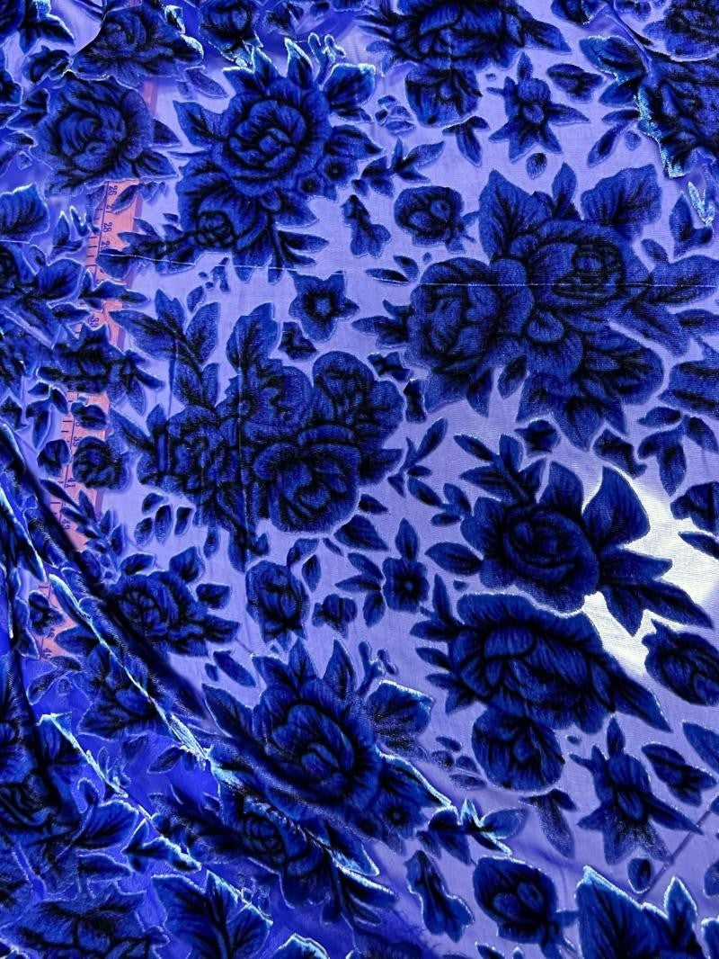 BLSMUD - Luxurious Blooming Peony Pattern Semi-sheer with a Draping Effect Sheer Burnout Silk Velvet Satin Fabric - 114cm wide by the Yard