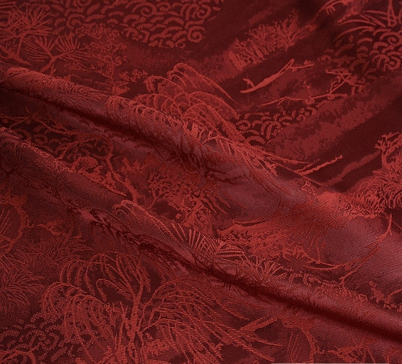 BUSREDS - Imperial Vermilion Landscape and Small Tree Jacquard Satin Polyester Fabric - 152cm by the yard