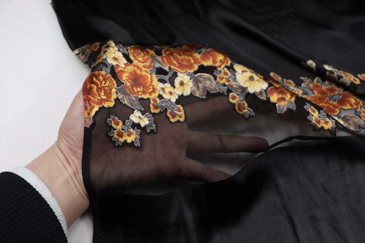 JFHDWJ - 21 Momme Golden Flower Pattern Sheer Burnout Silk Devore Satin Fabric - 114cm wide by the Yard