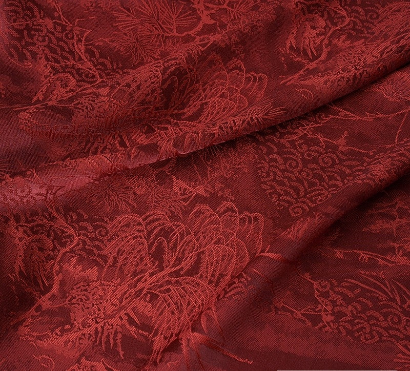 BUSREDS - Imperial Vermilion Landscape and Small Tree Jacquard Satin Polyester Fabric - 152cm by the yard