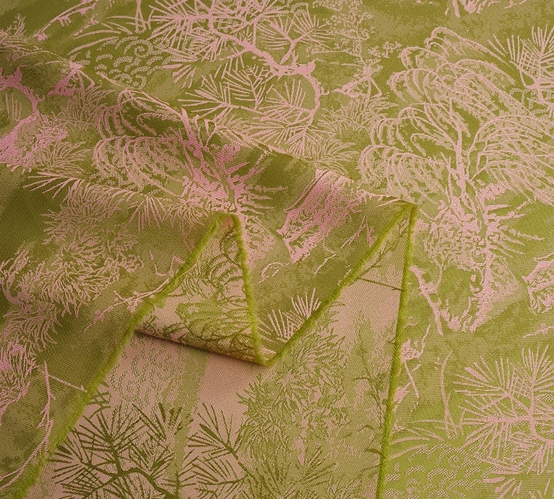 BUSGUOL - Kiwi Green and Small Tree Jacquard Satin Polyester Fabric - 152cm by the yard
