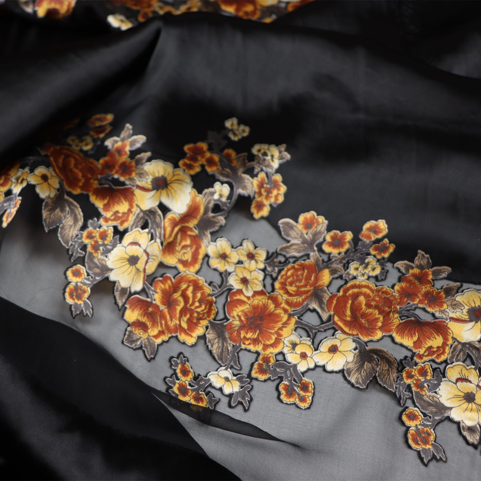 JFHDWJ - 21 Momme Golden Flower Pattern Sheer Burnout Silk Devore Satin Fabric - 114cm wide by the Yard
