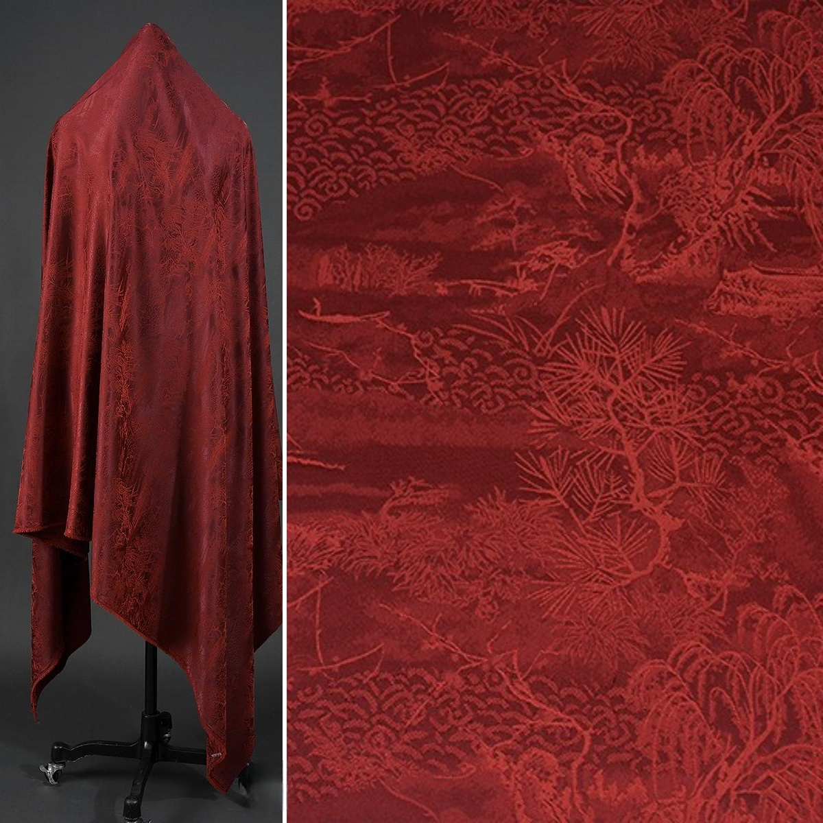 BUSREDS - Imperial Vermilion Landscape and Small Tree Jacquard Satin Polyester Fabric - 152cm by the yard