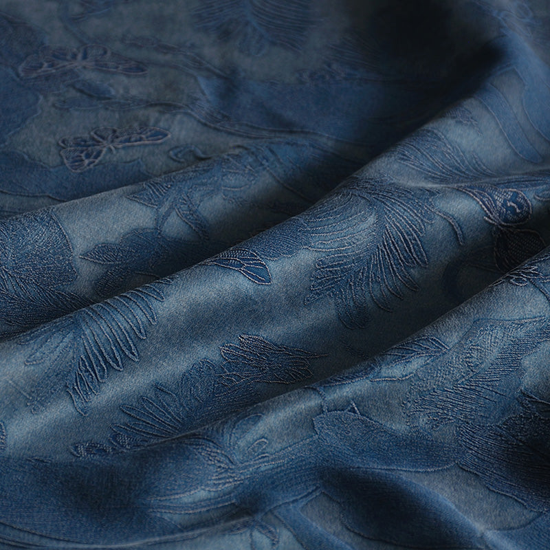 YPQLER - Handmade 40 Momme Gray-Blue Embossed Scrape-Dyed Heavy Satin Mud Silk Fabric - 110cm by the Yard
