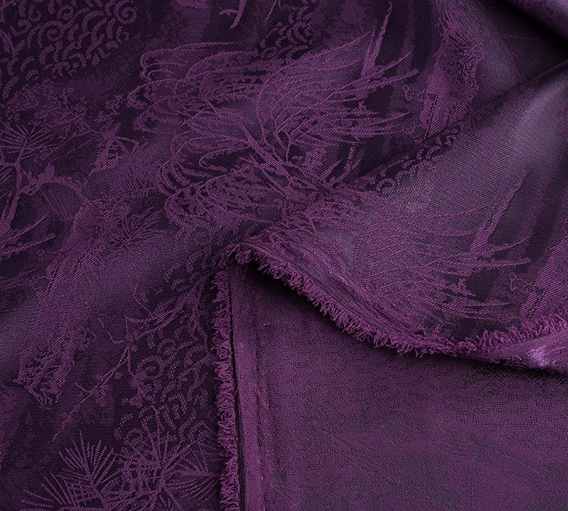 BUSZISH - Dark Purple Landscape and Small Tree Jacquard Satin Polyester Fabric - 152cm by the yard