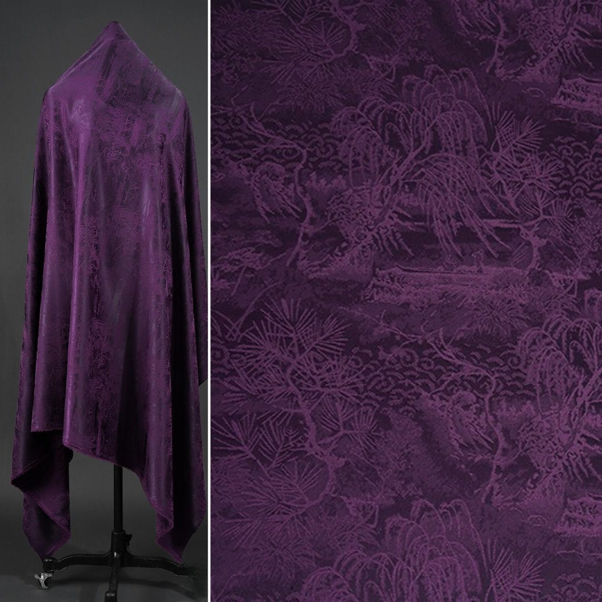 BUSZISH - Dark Purple Landscape and Small Tree Jacquard Satin Polyester Fabric - 152cm by the yard
