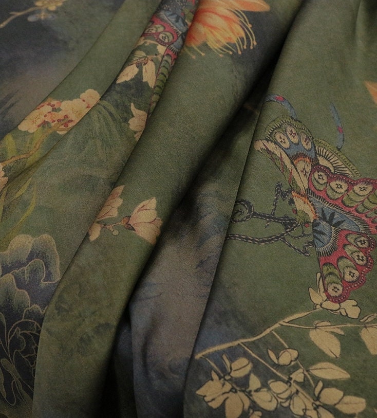 DIEXIMD - 28 Momme Peony Butterfly Print Double-Sided Satin Mud Silk Fabric - 108cm wide by the Yard